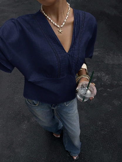Siren Gaze Women's Striped Lace Trim Linen Blend Blouse Summer Casual Blue Elegant