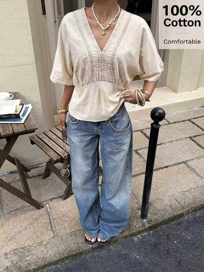 Siren Gaze Women's Striped Lace Trim Linen Blend Blouse Summer Casual Blue Elegant