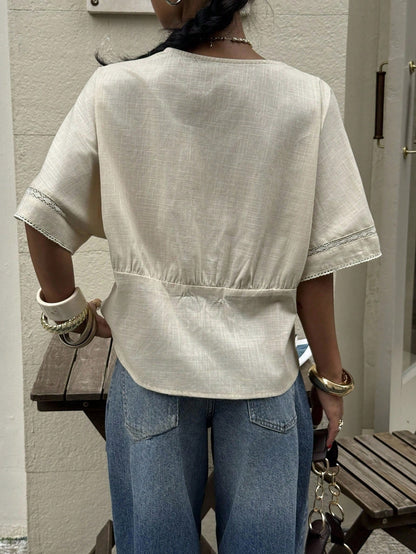 Siren Gaze Women's Striped Lace Trim Linen Blend Blouse Summer Casual Blue Elegant