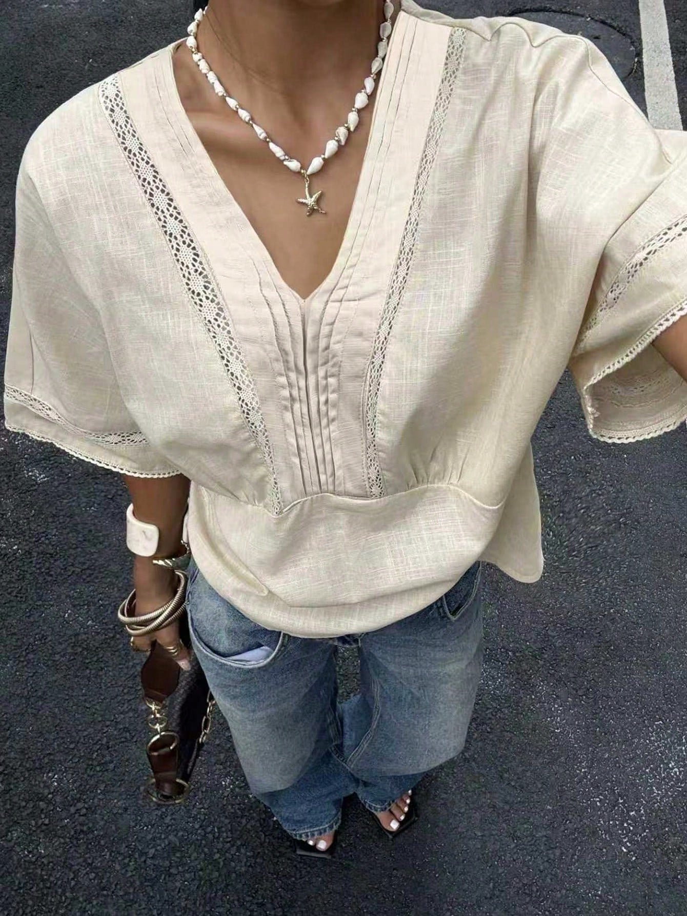Siren Gaze Women's Striped Lace Trim Linen Blend Blouse Summer Casual Blue Elegant