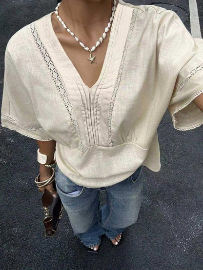 Siren Gaze Women's Striped Lace Trim Linen Blend Blouse Summer Casual Blue Elegant