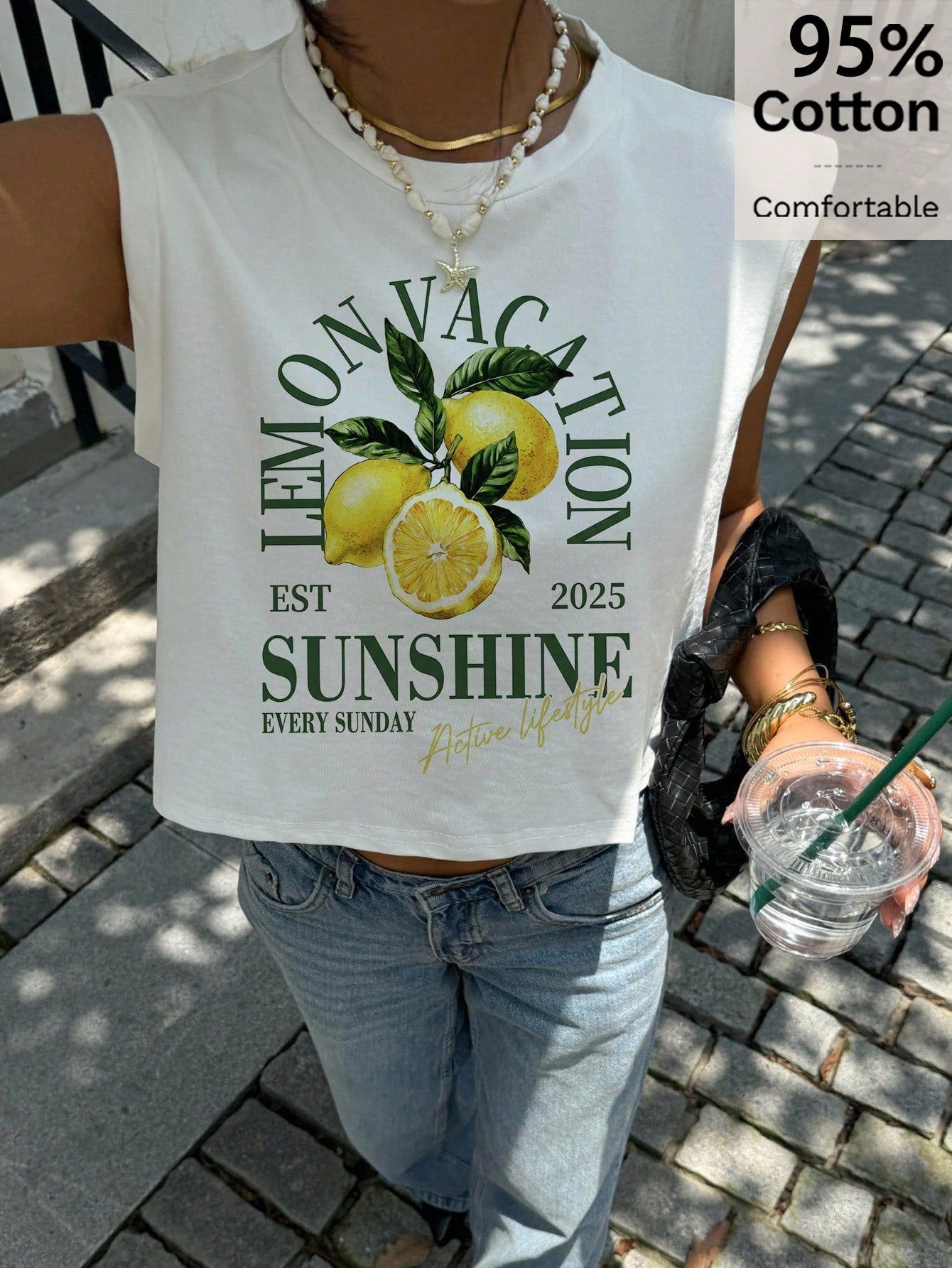Siren Gaze Women's White 92% Cotton Lemon Vacation Print Tank Top,Summer Casual Holiday Tee For Island&Beach Trips,Retro Y2K Streetwear,Rave Wear&Daily Outfits