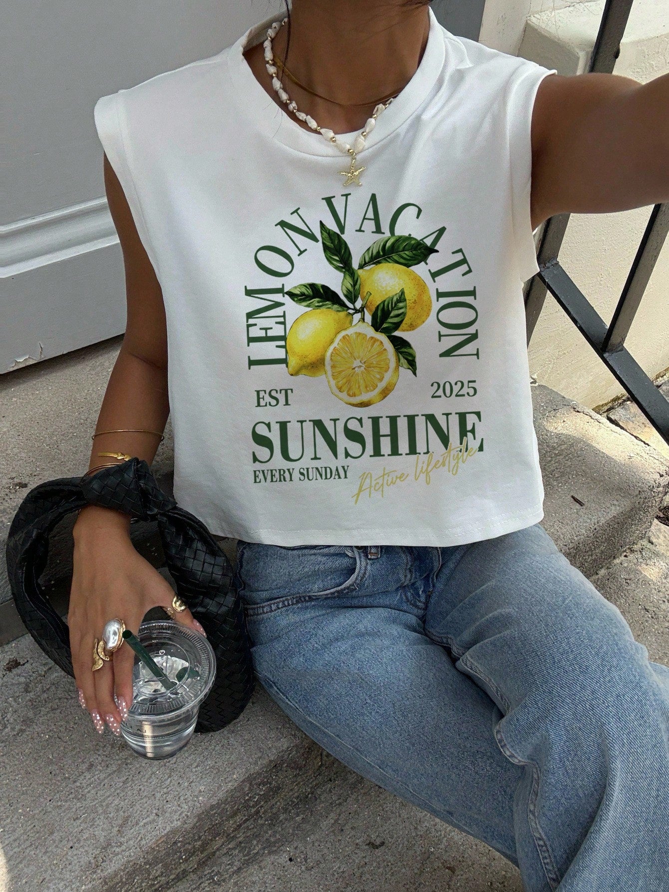 Siren Gaze Women's White 92% Cotton Lemon Vacation Print Tank Top,Summer Casual Holiday Tee For Island&Beach Trips,Retro Y2K Streetwear,Rave Wear&Daily Outfits