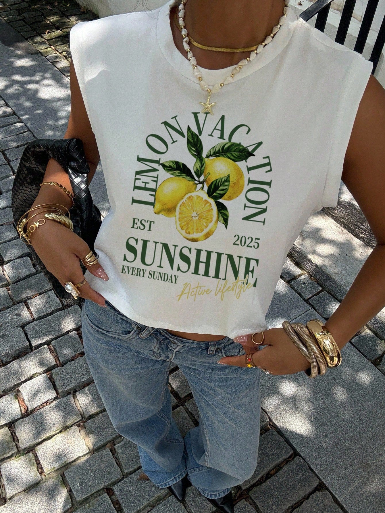 Siren Gaze Women's White 92% Cotton Lemon Vacation Print Tank Top,Summer Casual Holiday Tee For Island&Beach Trips,Retro Y2K Streetwear,Rave Wear&Daily Outfits