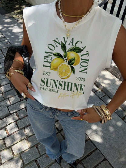 Siren Gaze Women's White 92% Cotton Lemon Vacation Print Tank Top,Summer Casual Holiday Tee For Island&Beach Trips,Retro Y2K Streetwear,Rave Wear&Daily Outfits