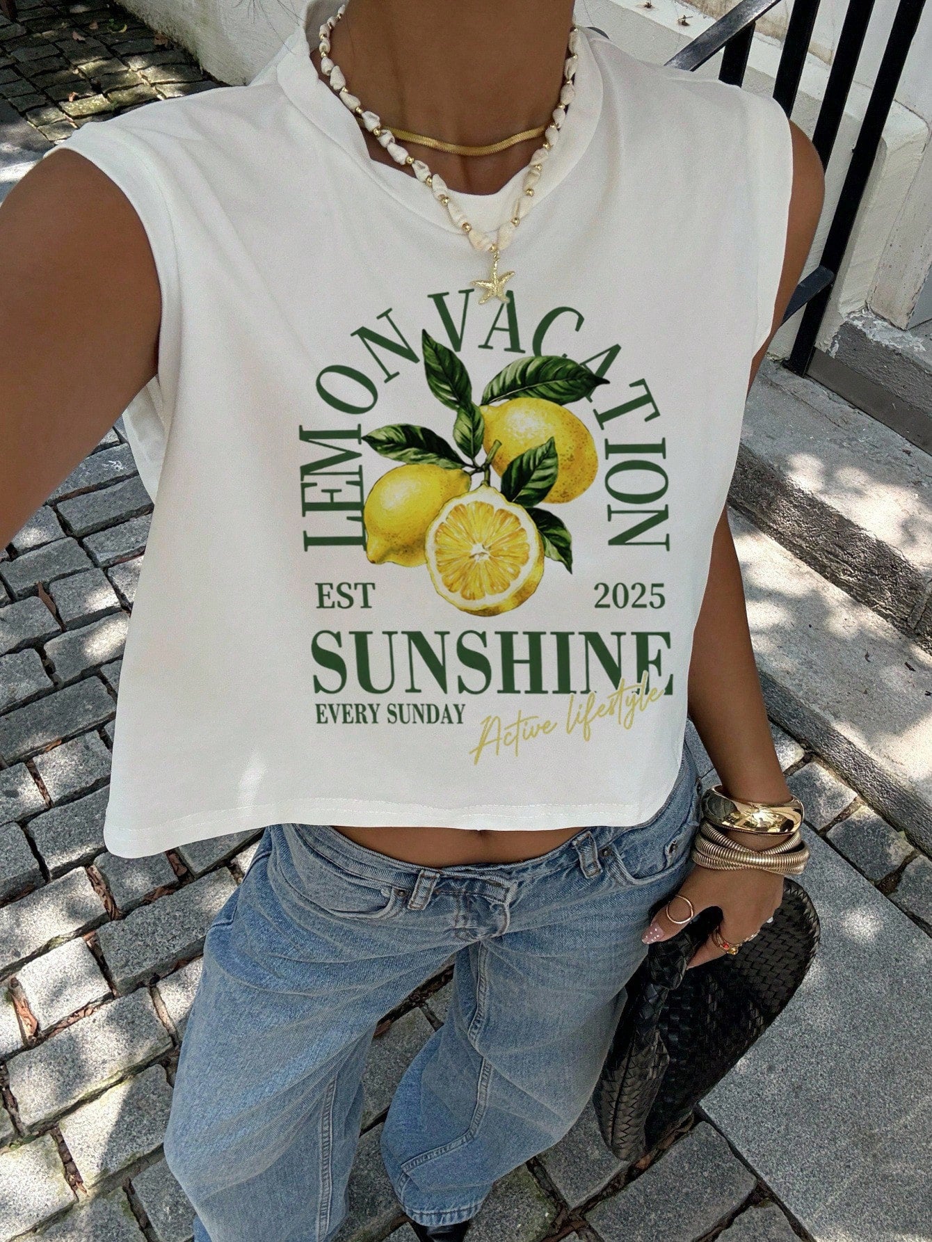 Siren Gaze Women's White 92% Cotton Lemon Vacation Print Tank Top,Summer Casual Holiday Tee For Island&Beach Trips,Retro Y2K Streetwear,Rave Wear&Daily Outfits