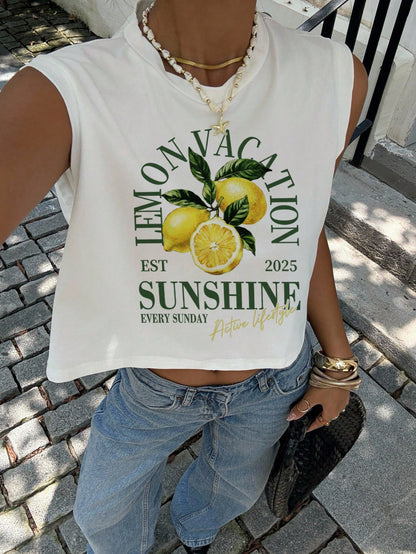 Siren Gaze Women's White 92% Cotton Lemon Vacation Print Tank Top,Summer Casual Holiday Tee For Island&Beach Trips,Retro Y2K Streetwear,Rave Wear&Daily Outfits