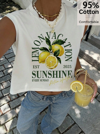 Siren Gaze Women's White 92% Cotton Lemon Vacation Print Tank Top,Summer Casual Holiday Tee For Island&Beach Trips,Retro Y2K Streetwear,Rave Wear&Daily Outfits
