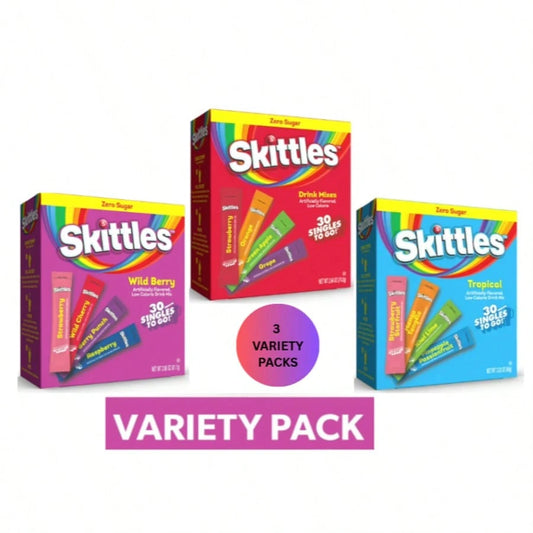 Skittles Zero Sugar Powdered Drink Mix Singles-To-Go Variety Bundle, Wild Berry, Original & Tropical Flavors, 30 Count Packets Each, 3-Pack Flavor Variety Drink Mix