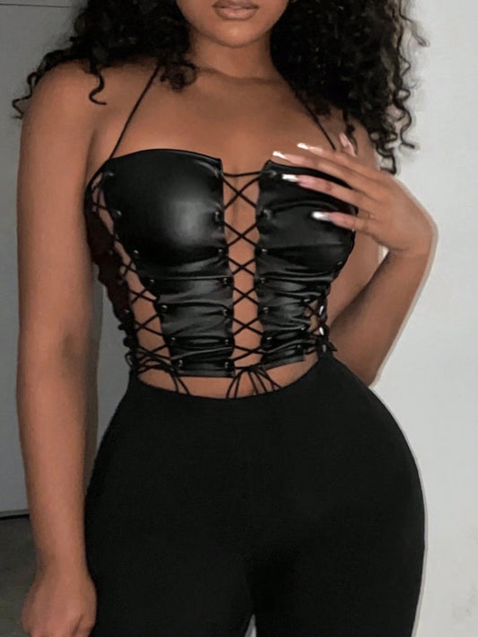 Slaydiva 2024 New Style Front Lace Up Short Halter Top Black Strap Pu Sexy Split Halter Straps