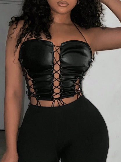 Slaydiva 2024 New Style Front Lace Up Short Halter Top Black Strap Pu Sexy Split Halter Straps