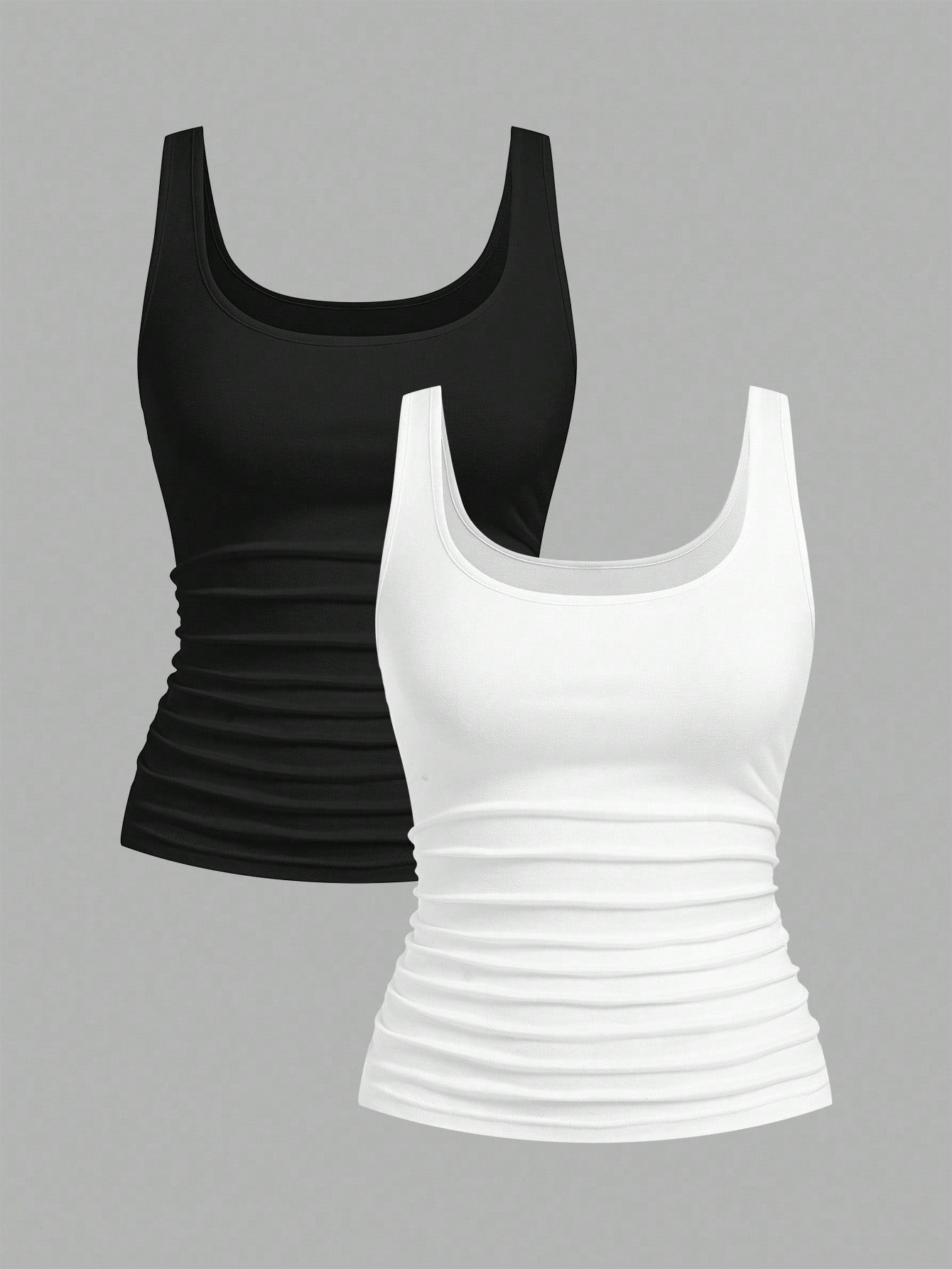 Slaydiva 2pcs Women Casual Scoop Neck Ruched Waist Fitted Tank Top Set, Versatile For Daily Wear