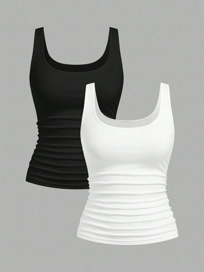 Slaydiva 2pcs Women Casual Scoop Neck Ruched Waist Fitted Tank Top Set, Versatile For Daily Wear