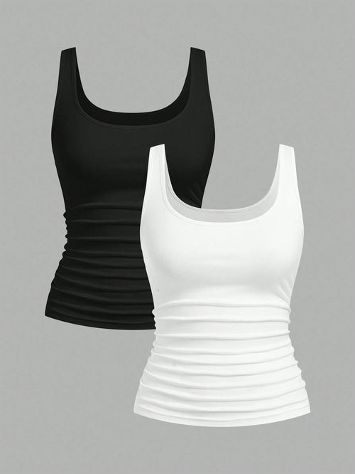 Slaydiva 2pcs Women Casual Scoop Neck Ruched Waist Fitted Tank Top Set, Versatile For Daily Wear