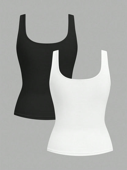 Slaydiva 2pcs Women Casual Scoop Neck Ruched Waist Fitted Tank Top Set, Versatile For Daily Wear