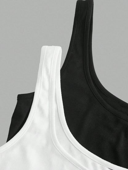 Slaydiva 2pcs Women Casual Scoop Neck Ruched Waist Fitted Tank Top Set, Versatile For Daily Wear