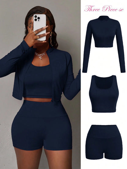Slaydiva 3pcs/Set Women's Casual Elastic Half-Zip Mock Neck Long Sleeve T-Shirt Jacket, Sleeveless Crop Top And Sports Shorts, Summer