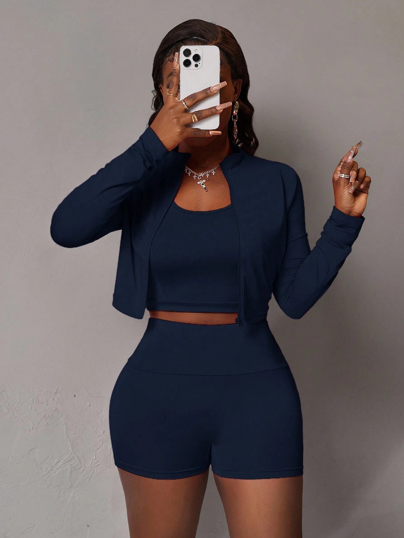 Slaydiva 3pcs/Set Women's Casual Elastic Half-Zip Mock Neck Long Sleeve T-Shirt Jacket, Sleeveless Crop Top And Sports Shorts, Summer