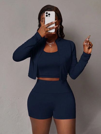 Slaydiva 3pcs/Set Women's Casual Elastic Half-Zip Mock Neck Long Sleeve T-Shirt Jacket, Sleeveless Crop Top And Sports Shorts, Summer