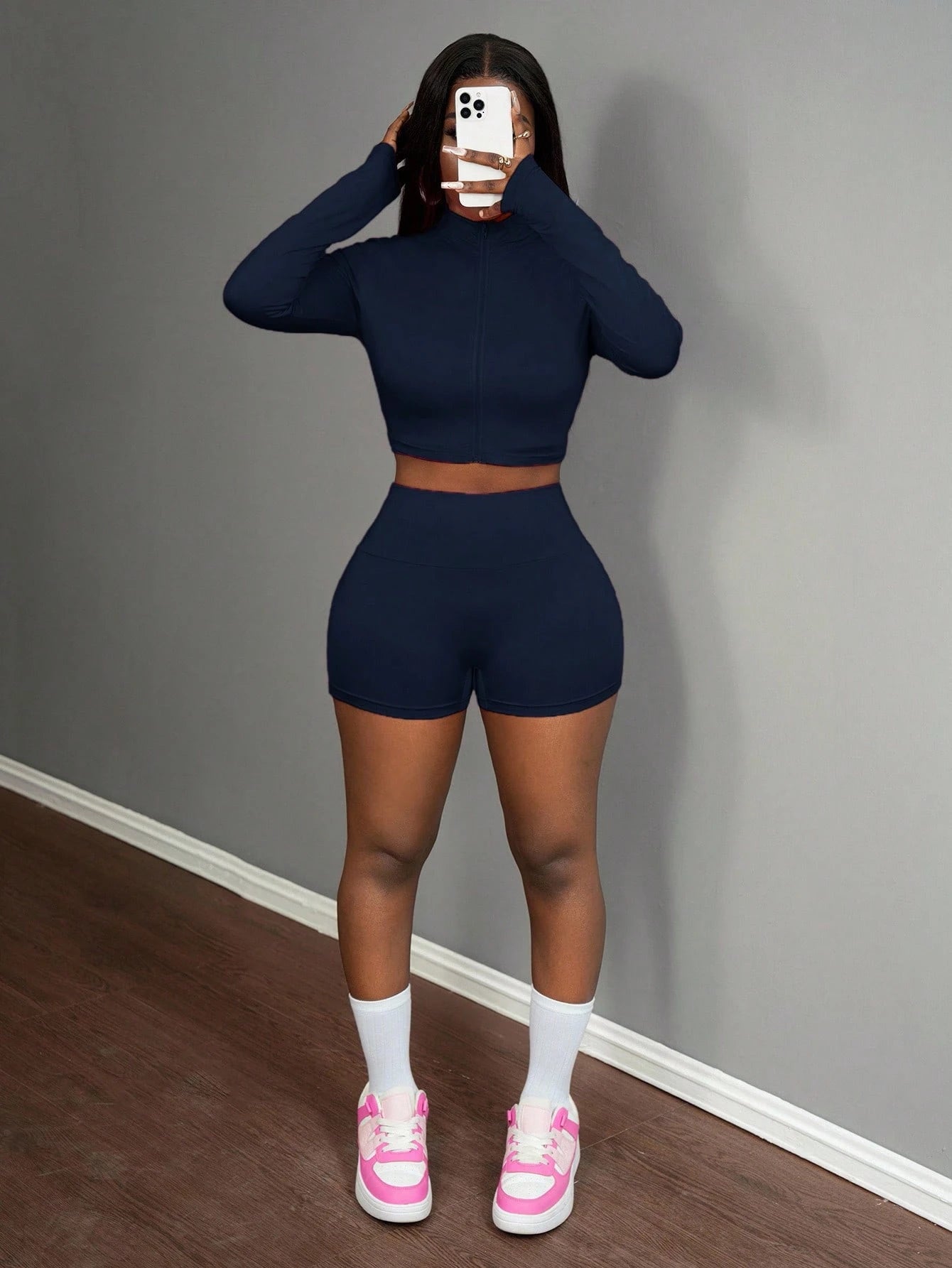 Slaydiva 3pcs/Set Women's Casual Elastic Half-Zip Mock Neck Long Sleeve T-Shirt Jacket, Sleeveless Crop Top And Sports Shorts, Summer