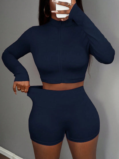 Slaydiva 3pcs/Set Women's Casual Elastic Half-Zip Mock Neck Long Sleeve T-Shirt Jacket, Sleeveless Crop Top And Sports Shorts, Summer