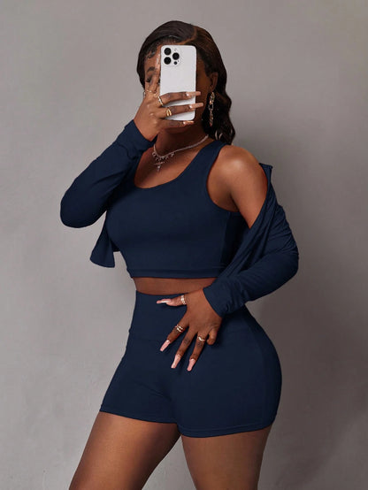 Slaydiva 3pcs/Set Women's Casual Elastic Half-Zip Mock Neck Long Sleeve T-Shirt Jacket, Sleeveless Crop Top And Sports Shorts, Summer