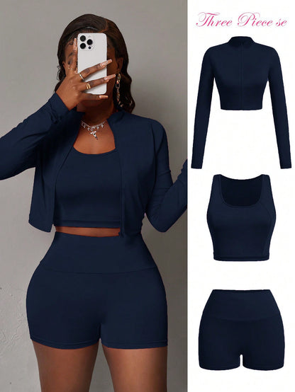 Slaydiva 3pcs/Set Women's Casual Elastic Half-Zip Mock Neck Long Sleeve T-Shirt Jacket, Sleeveless Crop Top And Sports Shorts, Summer