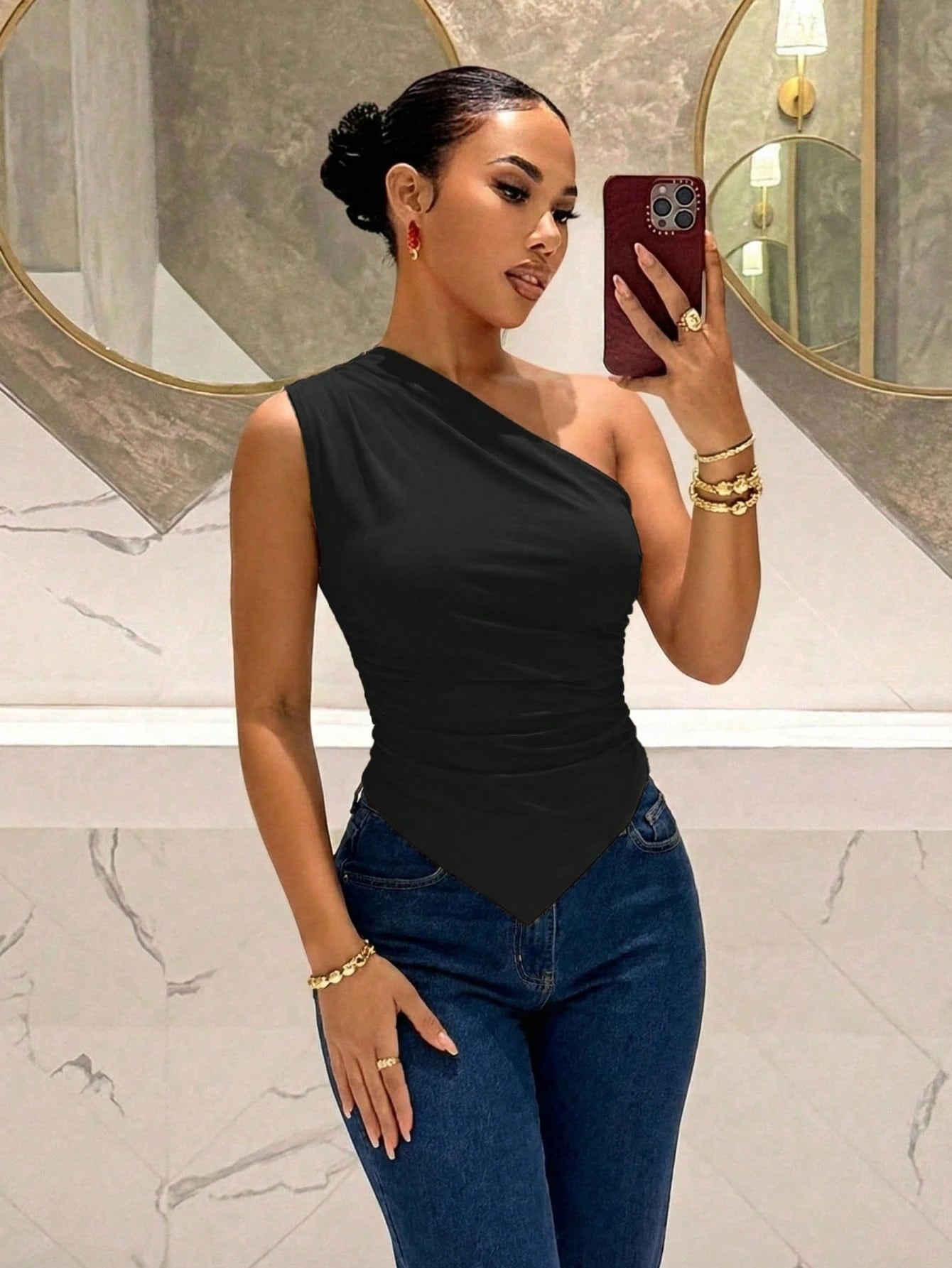 Slaydiva Khaki Summer Seksi Casual Chic Club Going Out Night Yk2k One Shoulder Top,Elegant Sleeveless Pleated V-Shaped Hem Off Shoulder Tops For Music Festival