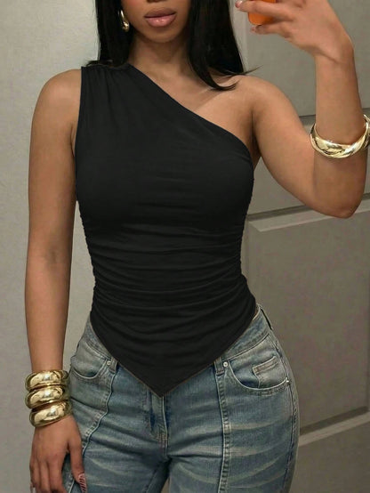 Slaydiva Khaki Summer Seksi Casual Chic Club Going Out Night Yk2k One Shoulder Top,Elegant Sleeveless Pleated V-Shaped Hem Off Shoulder Tops For Music Festival