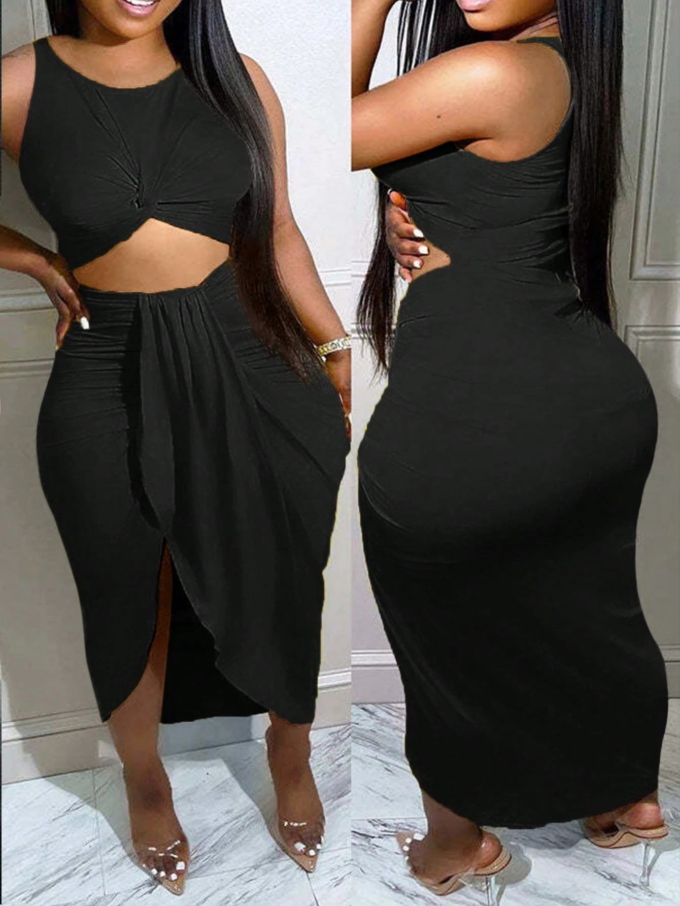 Slaydiva New Slim-Fit Hollow-Out Waist Twist Knot Long Vacation/Leisure Dress- H