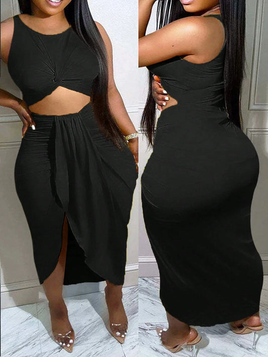 Slaydiva New Slim-Fit Hollow-Out Waist Twist Knot Long Vacation/Leisure Dress- H