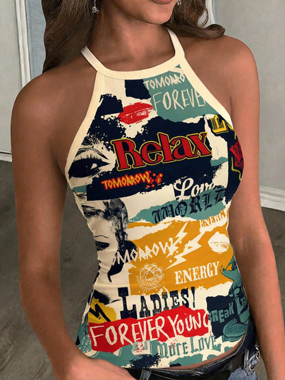 Slaydiva New Summer Women's Fitted Halter Neck Tank Top/Y2k/Loungewear/Going Out/Back To School/Daily/Casual/Fashion/Streetwear/Holiday/Retro Patchwork Print