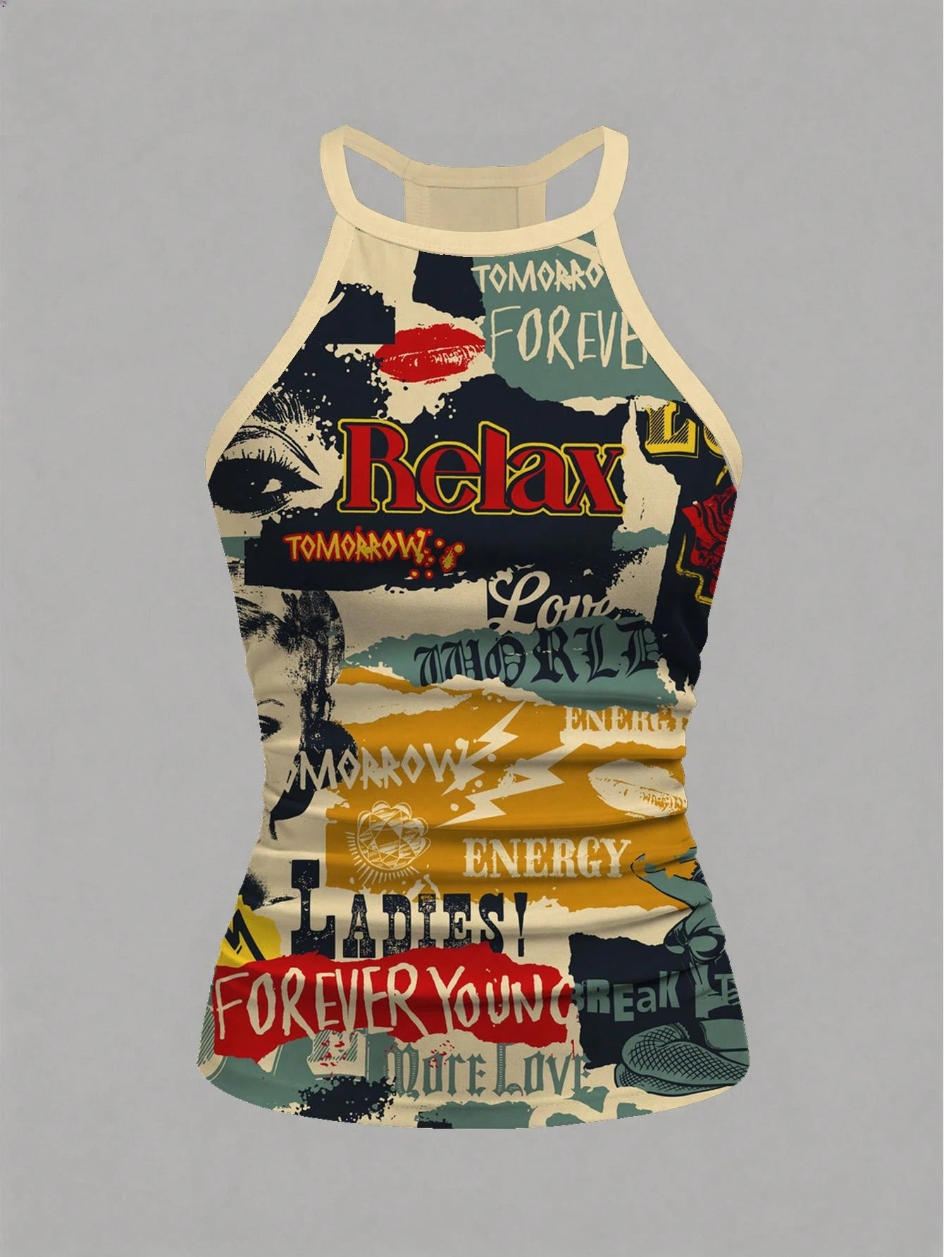 Slaydiva New Summer Women's Fitted Halter Neck Tank Top/Y2k/Loungewear/Going Out/Back To School/Daily/Casual/Fashion/Streetwear/Holiday/Retro Patchwork Print