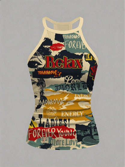Slaydiva New Summer Women's Fitted Halter Neck Tank Top/Y2k/Loungewear/Going Out/Back To School/Daily/Casual/Fashion/Streetwear/Holiday/Retro Patchwork Print
