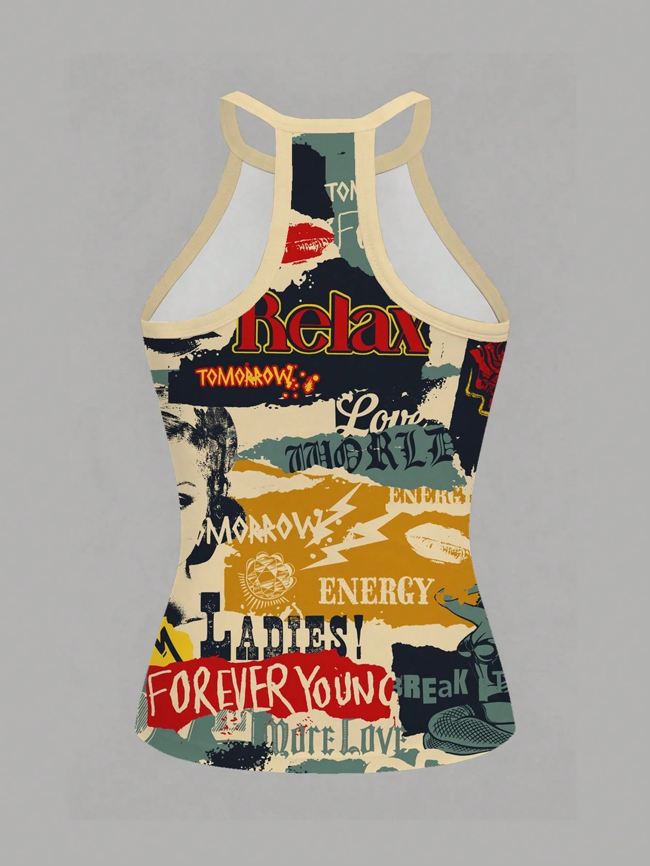 Slaydiva New Summer Women's Fitted Halter Neck Tank Top/Y2k/Loungewear/Going Out/Back To School/Daily/Casual/Fashion/Streetwear/Holiday/Retro Patchwork Print