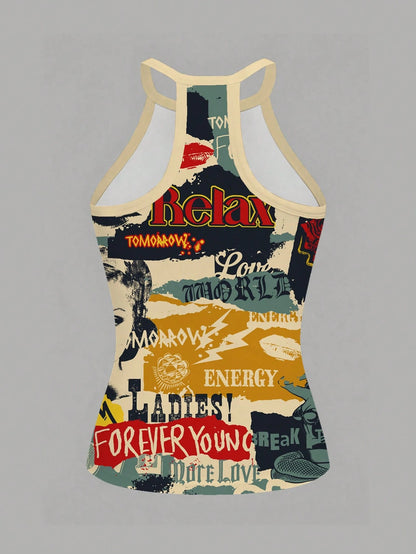 Slaydiva New Summer Women's Fitted Halter Neck Tank Top/Y2k/Loungewear/Going Out/Back To School/Daily/Casual/Fashion/Streetwear/Holiday/Retro Patchwork Print