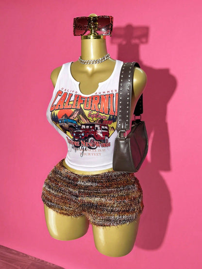 Slaydiva Summer Casual Streetwear White Women Two Pieces Set Sleeveless Retro Car Pattern Printed VestMaillard Texture Fur Mini Shorts Vacation Y2k Brown