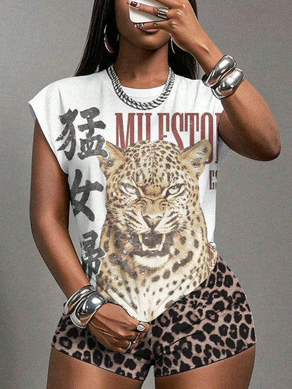 Slaydiva Summer Women Two Pieces Set Sleeveless Round Neck T-Shirt Mini Shorts White Animal Print Brown Zebra Print Street Wear Casual Slim Fit Night Out