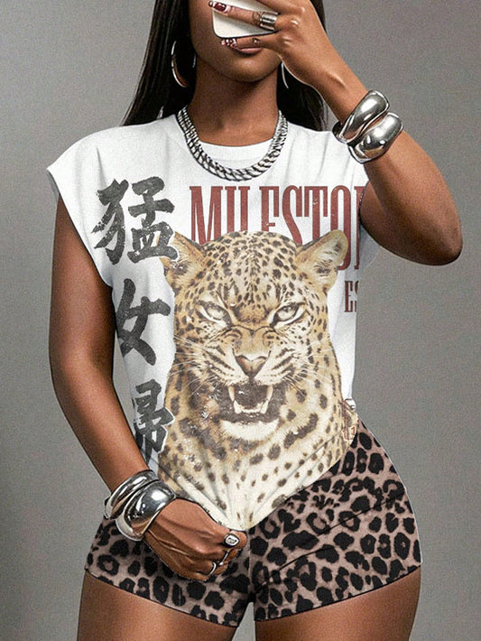 Slaydiva Summer Women Two Pieces Set Sleeveless Round Neck T-Shirt Mini Shorts White Animal Print Brown Zebra Print Street Wear Casual Slim Fit Night Out