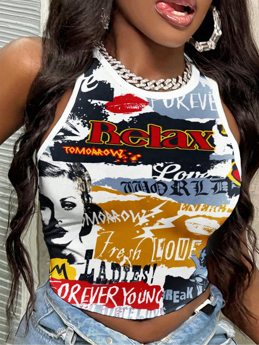 Slaydiva Women's Casual Letter Print Crew Neck Tight Fit Tank Top, Suitable For Summer Y2k Graphic Tees Crop Tops Women Back To School Chic