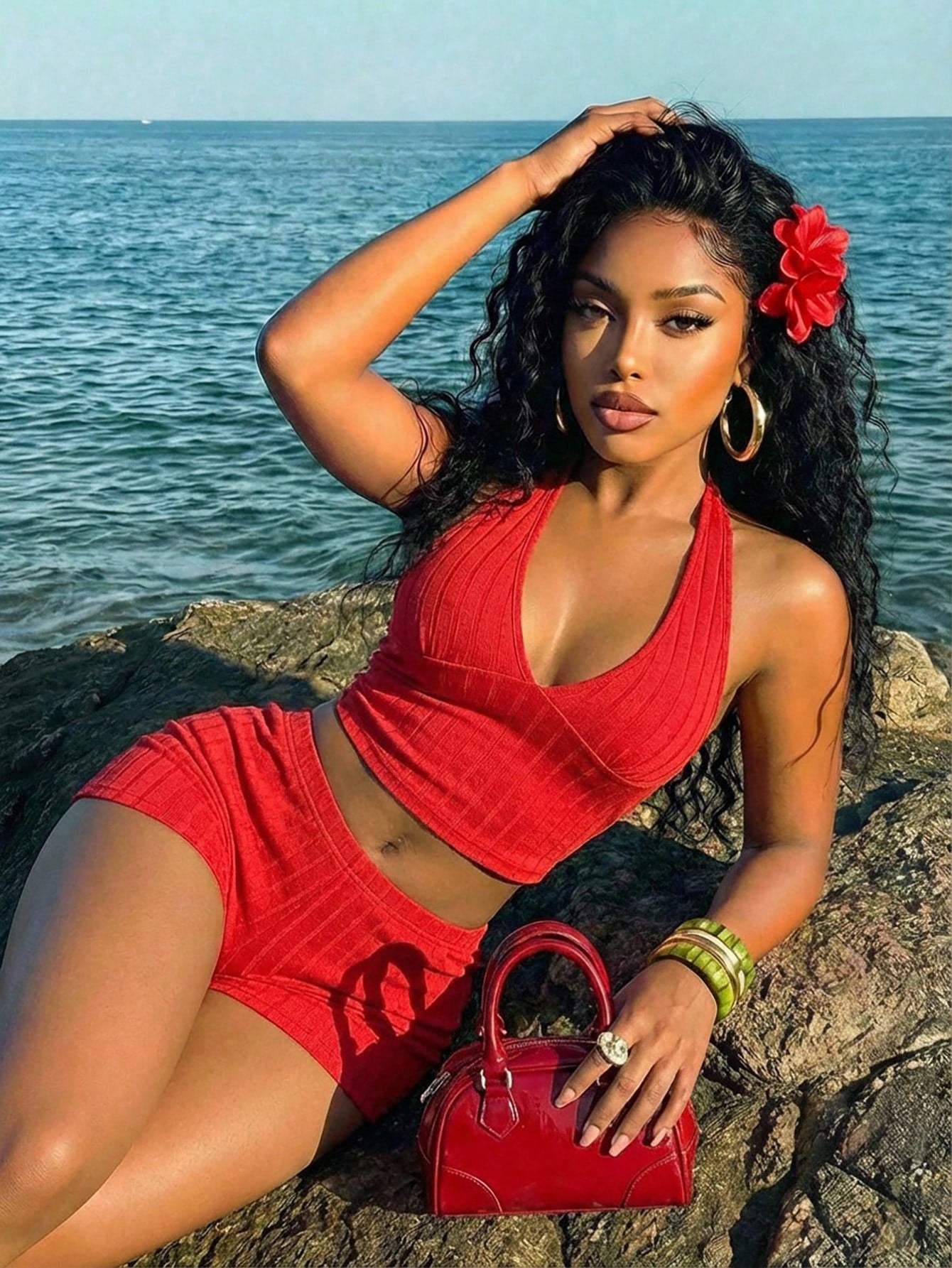 Slaydiva Women's Red Knitted Halter Camisole And Mini Shorts Two-Piece Outfit Sexy Plain Design Work Summer