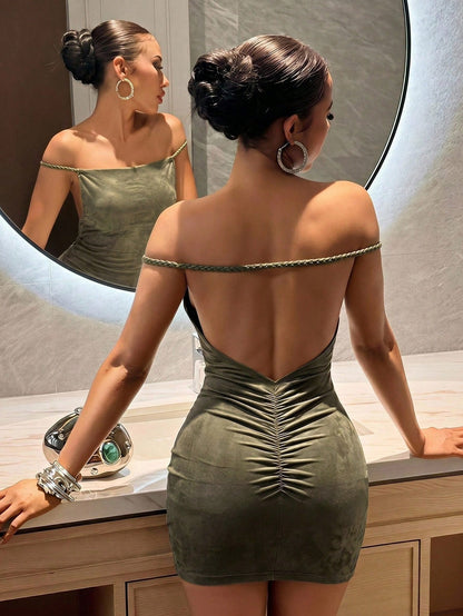 Slaydiva Women's Shimmering Ice Silk Olive Green Mini Dress,Summer Techno Club Night Rave Fashion,Elegant Backless Pleated Cable Knit Texture Vacation Outfit