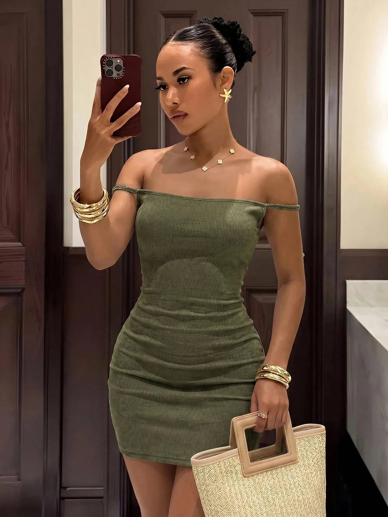 Slaydiva Women's Shimmering Ice Silk Olive Green Mini Dress,Summer Techno Club Night Rave Fashion,Elegant Backless Pleated Cable Knit Texture Vacation Outfit