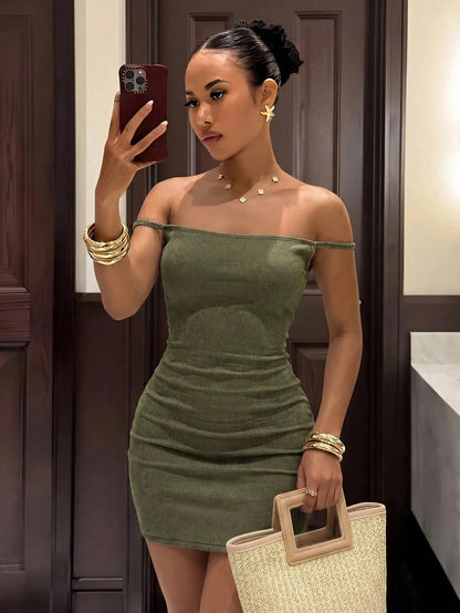Slaydiva Women's Shimmering Ice Silk Olive Green Mini Dress,Summer Techno Club Night Rave Fashion,Elegant Backless Pleated Cable Knit Texture Vacation Outfit