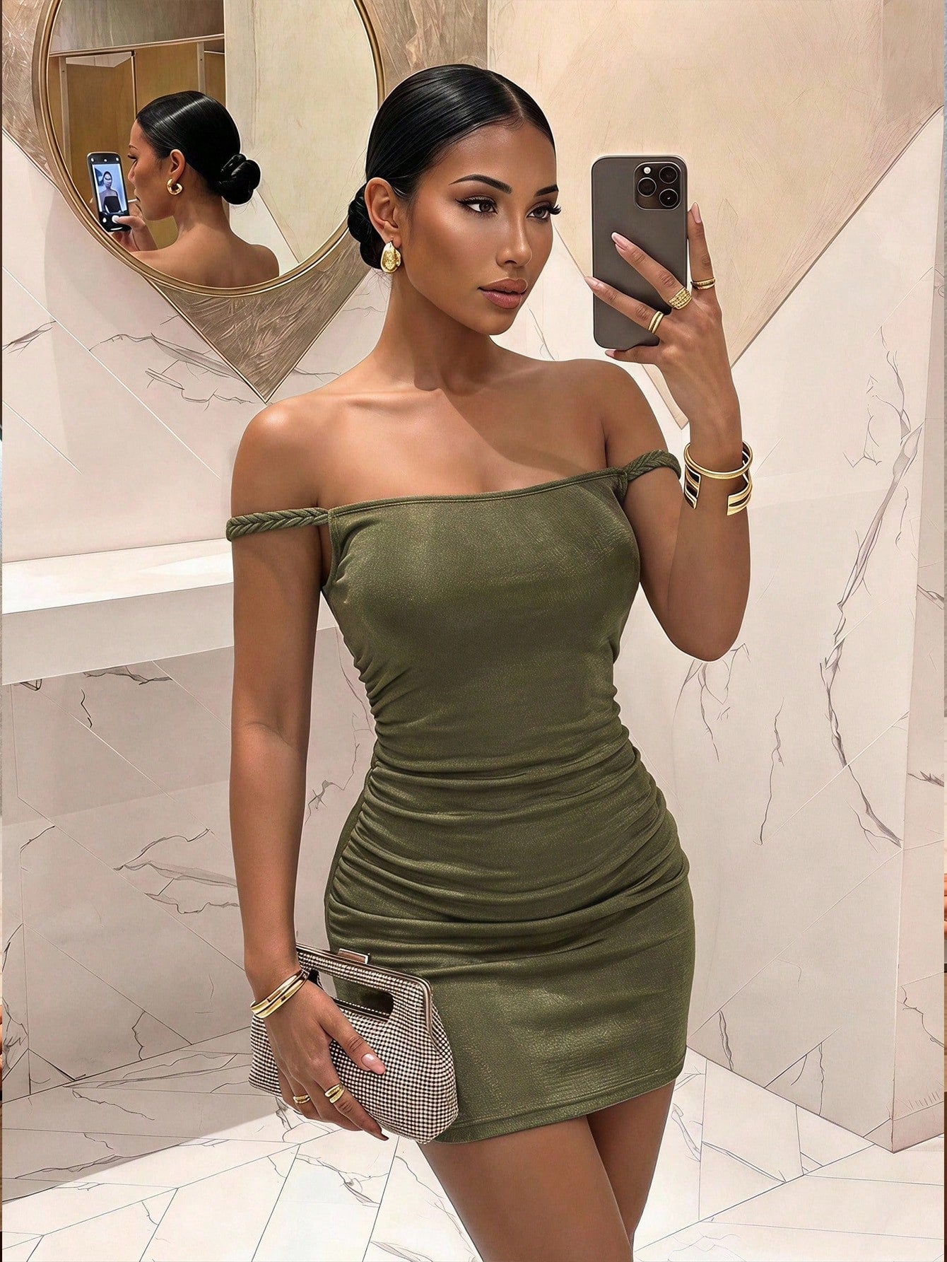 Slaydiva Women's Shimmering Ice Silk Olive Green Mini Dress,Summer Techno Club Night Rave Fashion,Elegant Backless Pleated Cable Knit Texture Vacation Outfit