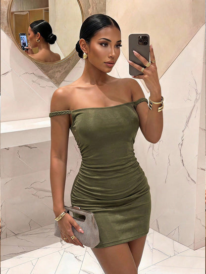 Slaydiva Women's Shimmering Ice Silk Olive Green Mini Dress,Summer Techno Club Night Rave Fashion,Elegant Backless Pleated Cable Knit Texture Vacation Outfit