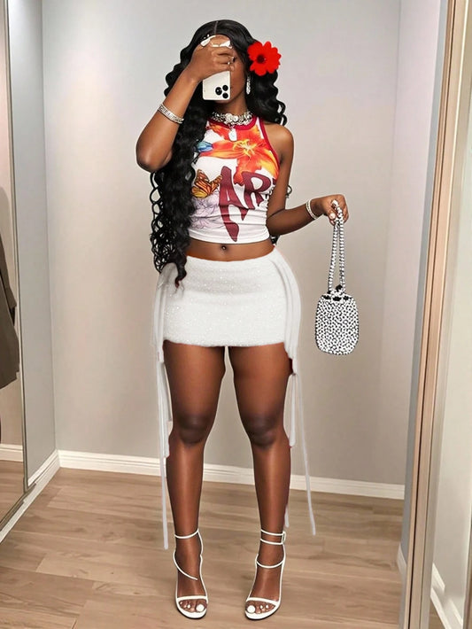 Slaydiva Women's White Summer Chic Club Red Crochet Fringed Mini Skirt,Boho Bohemian Ibiza Music Festival Party Pool Resort Wear Beach Vacation Clothing