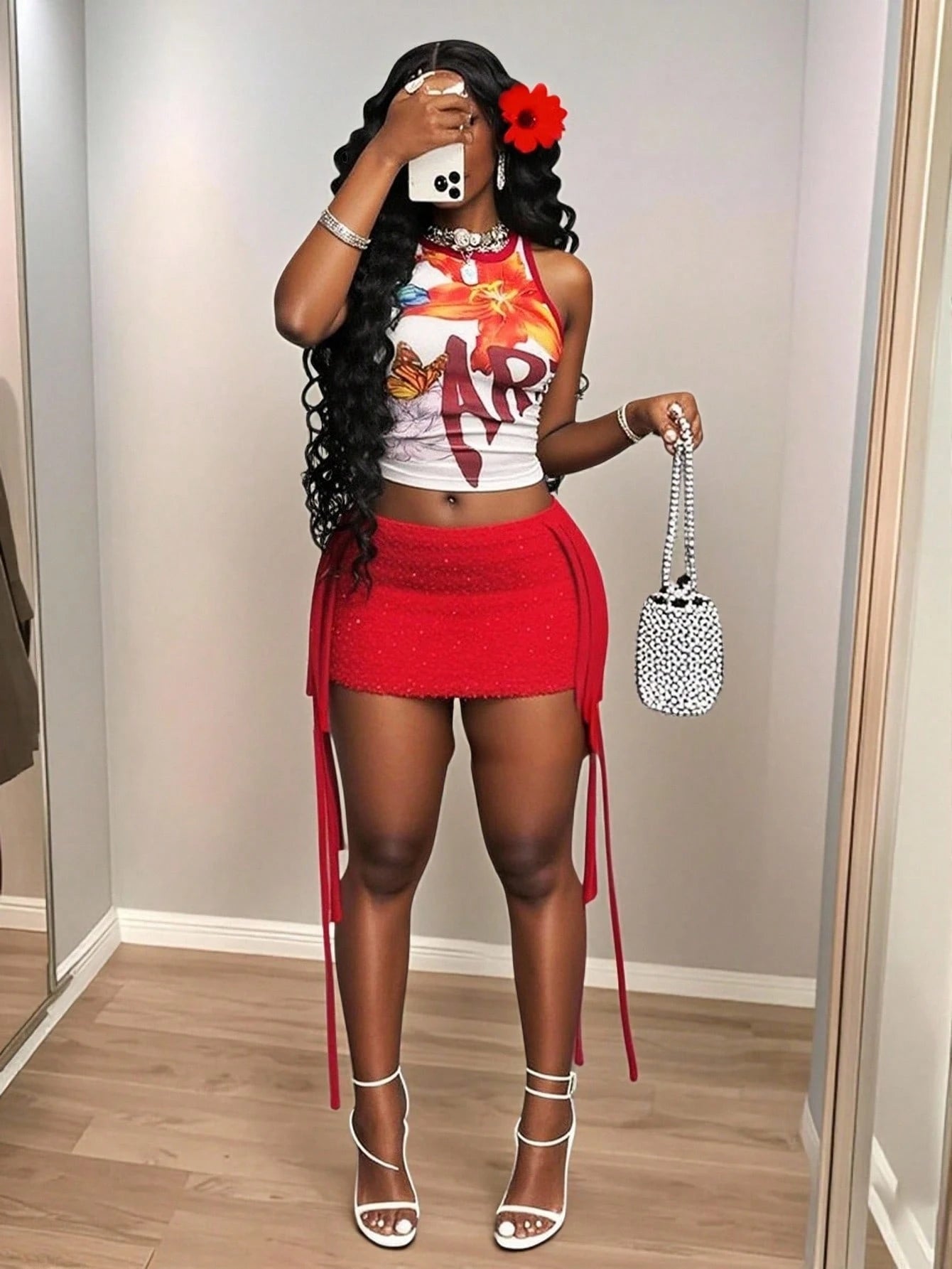 Slaydiva Women's White Summer Chic Club Red Crochet Fringed Mini Skirt,Boho Bohemian Ibiza Music Festival Party Pool Resort Wear Beach Vacation Clothing