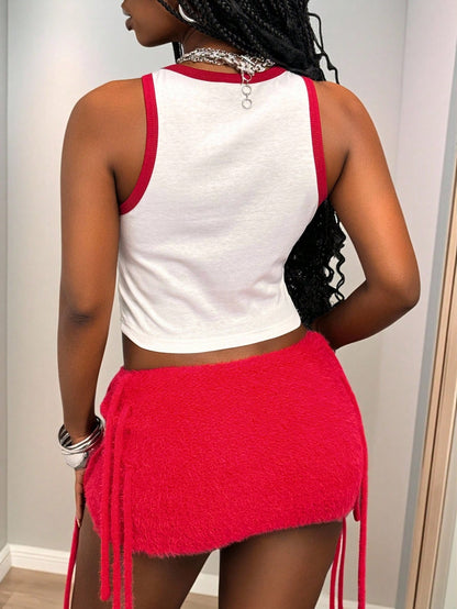 Slaydiva Women's White Summer Chic Club Red Crochet Fringed Mini Skirt,Boho Bohemian Ibiza Music Festival Party Pool Resort Wear Beach Vacation Clothing