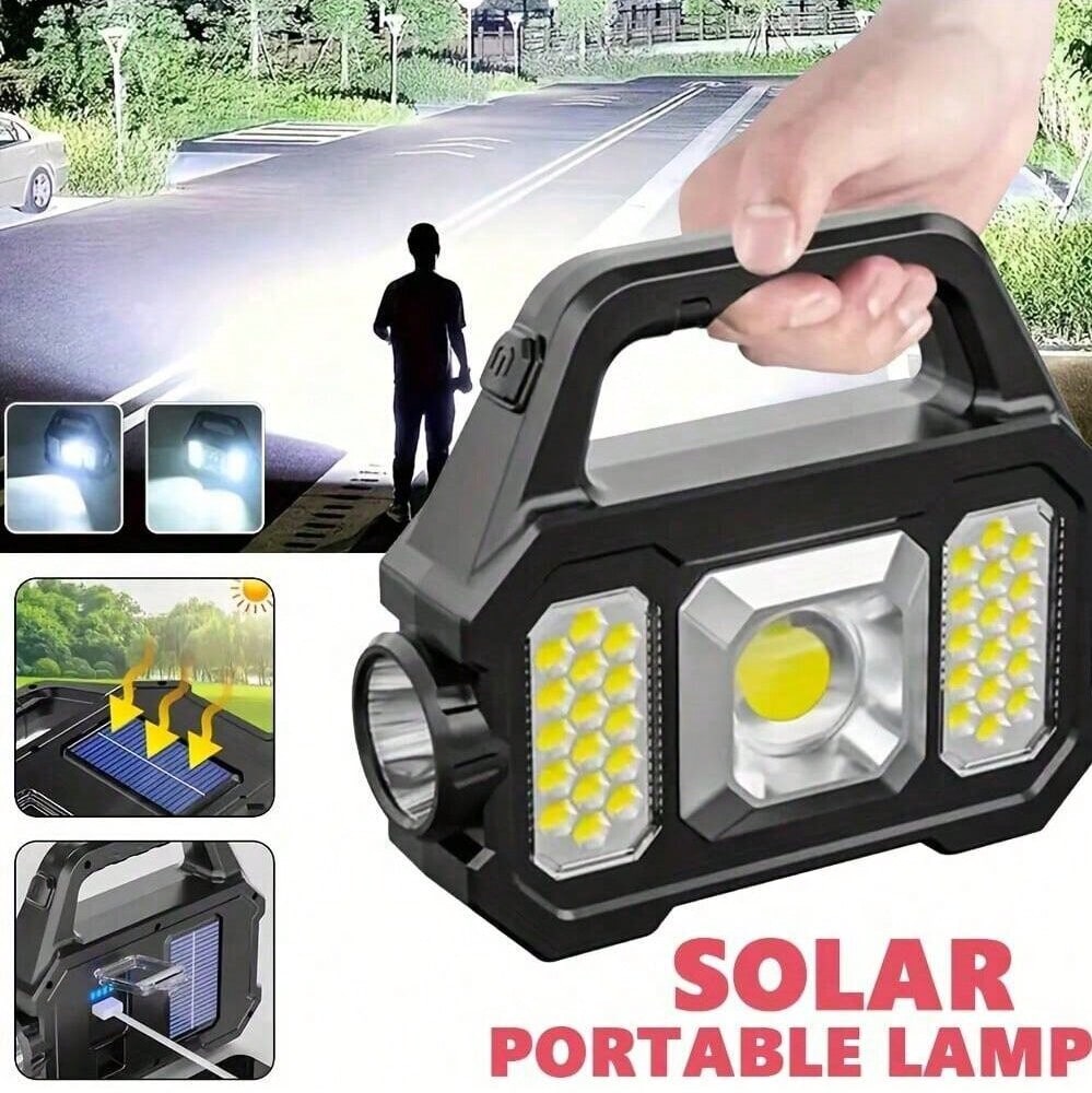 Solar Handheld Flashlight With USB Cable, 6 Modes Rechargeable Multifunction Lights Super Bright LED Searchlight, Lightweight Waterproof Portable Spotlight For Fishing Outdoor Camping Emergencies
